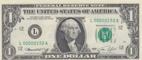 Unıted States of America, 1 Dollar, 1974, UNC, p455, VERY LOW SERIAL NUMBER
serial number: L 00000152 A, Goerge Washington portrait at center, very l...