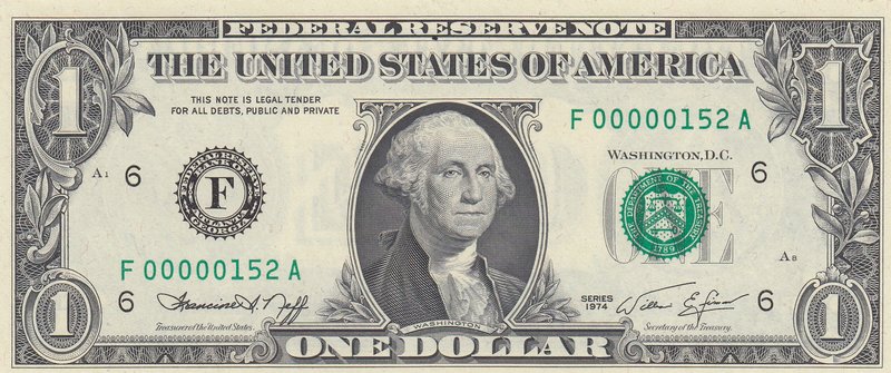 Unıted States of America, 1 Dollar, 1974, UNC, p455, VERY LOW SERIAL NUMBER
ser...