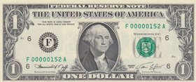 Unıted States of America, 1 Dollar, 1974, UNC, p455, VERY LOW SERIAL NUMBER
serial number: F 00000152 A, Goerge Washington portrait at center, very l...
