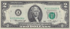Unıted States Of America, 2 Dollars, 1976, UNC, p461
serial number: A 03120498A, Thomas Jefferson portrait at center
Estimate: $ 10-20