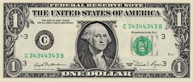 Unıted States of America, 1 Dollar, 1981, UNC, p468, RADAR
serial number: C 34344343 B, Goerge Washington portrait at center
Estimate: $ 15-30