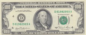 United States of America, 100 Dollars, 1981, AUNC (-), p472 
serial number: D 01982903A, Benjamin Franklin portrait at center
Estimate: $ 100-200