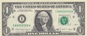 Unıted States of America, 1 Dollar, 1988, UNC, p480, NICE SERIAL NUMBER
serial number: I 89555555 H, Goerge Washington portrait at center
Estimate: ...