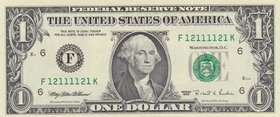 Unıted States of America, 1 Dollar, 1995, UNC, p496, RADAR
serial number: F 12111121 K, Goerge Washington portrait at center
Estimate: $ 10-20