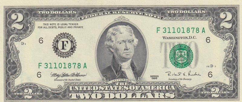 Unıted States Of America, 2 Dollars, 1995, UNC, p497
serial number: F 31101878A...