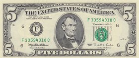 Unıted States Of America, 5 Dollars, 1995, UNC, p498
serial number: F 33594318C, Abraham Lincoln portrait at center
Estimate: $ 10-20