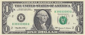 Unıted States of America, 1 Dollar, 1999, UNC, p504, RADAR
serial number: B 39333393 Q, Goerge Washington portrait at center
Estimate: $ 15-30