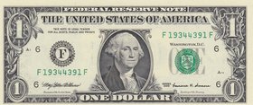 Unıted States of America, 1 Dollar, 1999, UNC, p504, RADAR
serial number: F 19344391 F, Goerge Washington portrait at center
Estimate: $ 15-30