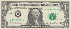 Unıted States of America, 1 Dollar, 2003, UNC, p515, NICE SERIAL NUMBER
serial number: B 34444444 D, Goerge Washington portrait at center
Estimate: ...
