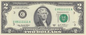 Unıted States of America, 2 Dollars, 2003, UNC, p516, NICE SERIAL NUMBER
serial number: C 05111111 A, President Thomas Jefferson portrait at center
...