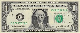 Unıted States of America, 1 Dollar, 2003, UNC, p516, RADAR
serial number: E 27277272 D, Goerge Washington portrait at center
Estimate: $ 15-30