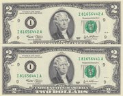 Unıted States of America, 2 Dollars (2), 2003, UNC, p516, (Total 2 consecutive banknotes)
serial numbers: I 81656441A and I 81656442A, President Thom...