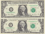 Unıted States of America, 2 Dollars (2), 2003, UNC, p516, (Total 2 consecutive banknotes)
serial numbers: F 04636570F and F 04636571F, President Thom...
