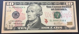 Unıted States of America, 10 Dollars, 2004, UNC, p520, LOW SERIAL NUMBER
serial number: GL 00001936A, Alexander Hamilton portrait at left
Estimate: ...