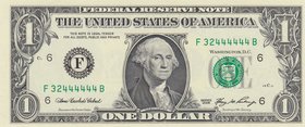 Unıted States of America, 1 Dollar, 2006, UNC, p523, NICE SERIAL NUMBER
serial number: F 32444444 B, Goerge Washington portrait at center
Estimate: ...
