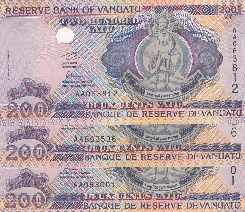 Vanuatu, 200 Vatu, 1995, UNC, p8a, (Total 3 Banknotes)
serial numbers: AA063812...