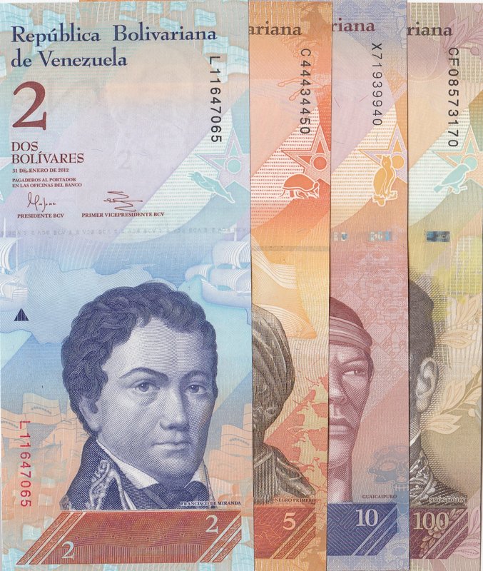 Venezuela, 2 Bolivars, 5 Bolivars, 10 Bolivars and 100 Bolivars, 2012/ 2007/ 201...