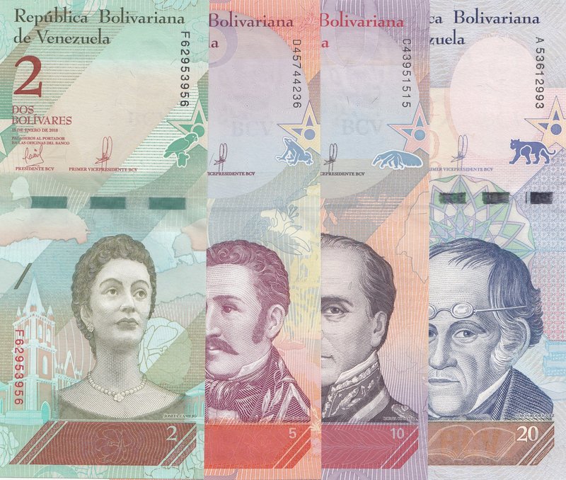 Venezuela, 2 Bolivares, 5 Boivares, 10 Bolivares and 20 Bolivares, 2018, UNC, (T...
