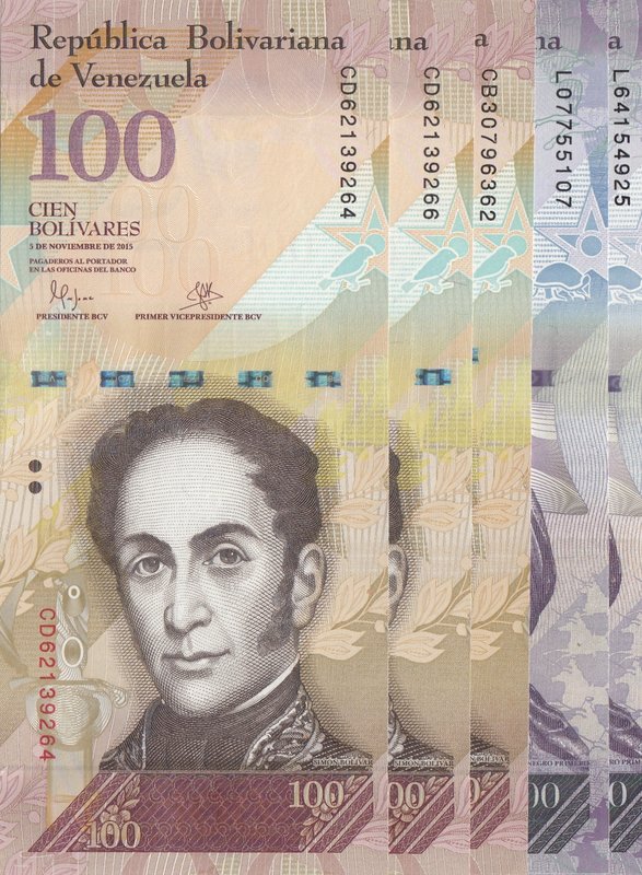Venezuela, 5 Piececs UNC Banknotes
100 Bolivares, 2015 (x3)/ 1000 Bolivares, 20...