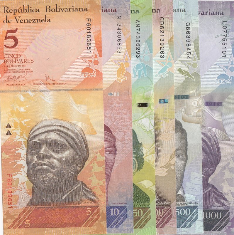 Venezuela, 6 Piececs UNC Banknotes
5 Bolivares, 2007/ 10 Bolivares, 2009/ 50 Bo...