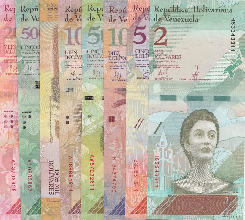 Venezuela, 8 Pieces UNC Banknotes
2 Bolivares, 2018/ 5 Bolivares, 2018/ 10 Boli...