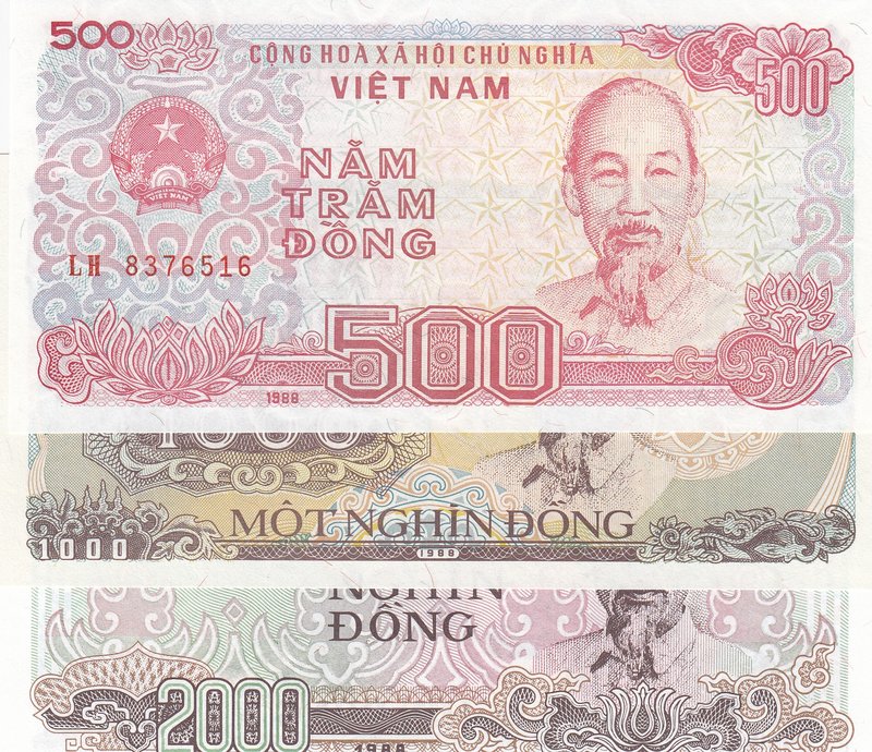 Viet Nam, 500 Dong, 1000 Dong, 2000 Don, 1988, UNC, p101/p102/p103, (Total 3 ban...