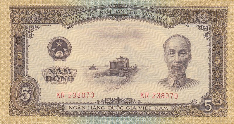 Vietnam, 5 Dong, 1958, UNC, p73a
serial number: KR 238070, Portrait of HCM
Est...