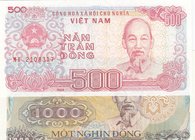 Vietnam, 500 Dong and 1000 Dong, 1988, UNC, p101a/ p102a, (Total 2 Banknotes)
serial numbers: MI 2108317 and IP 0885382, Portrait of HCM
Estimate: $...