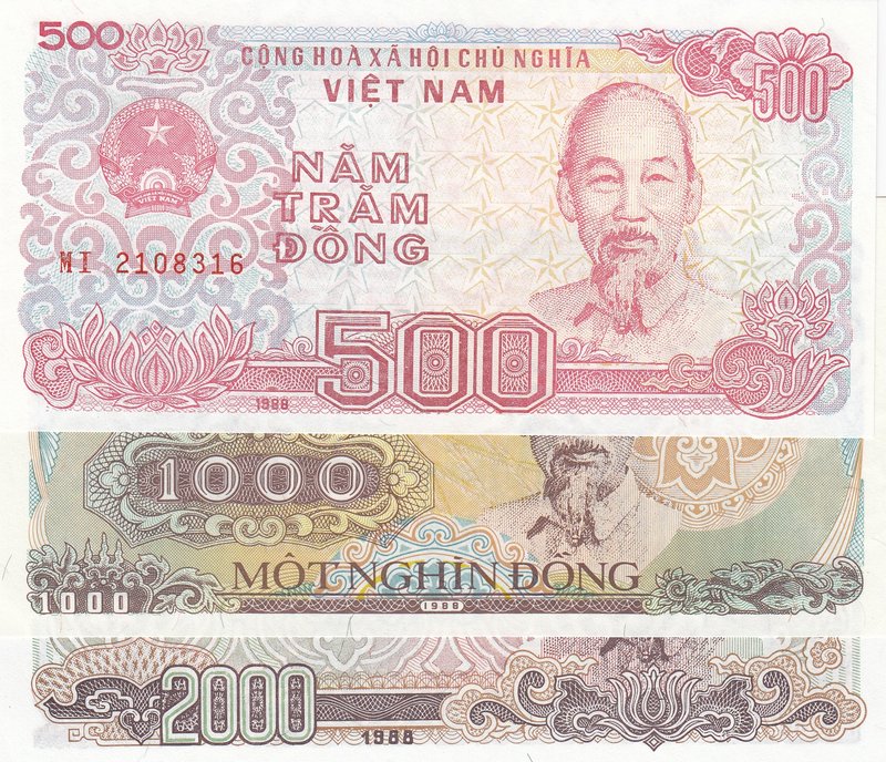 Vietnam, 500 Dong, 1000 Dong and 2000 Dong, 1988, UNC, p101a/ p106a, p107a, (Tot...