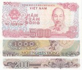 Vietnam, 500 Dong, 1000 Dong and 2000 Dong, 1988, UNC, p101a/ p106a, p107a, (Total 3 Banknotes)
serial numbers: MI 210816, IP 0885384 and SP 8058644,...