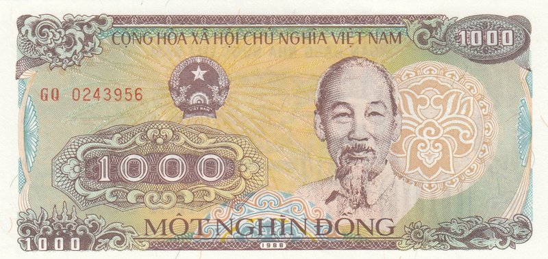 Vietnam, 1000 Dong, 1988, UNC, p102a
serial number: GQ 0243956, Portrait of HCM...