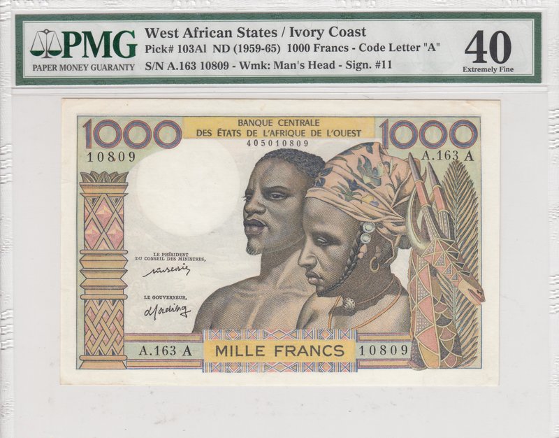 West African States, 1000 Francs, 1959-1965, XF, p103Al (PMG 40)
PMG 40, serial...