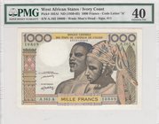 West African States, 1000 Francs, 1959-1965, XF, p103Al (PMG 40)
PMG 40, serial number: A.163.A 10809, Signature 11, Figure of Traditional Man and Wo...