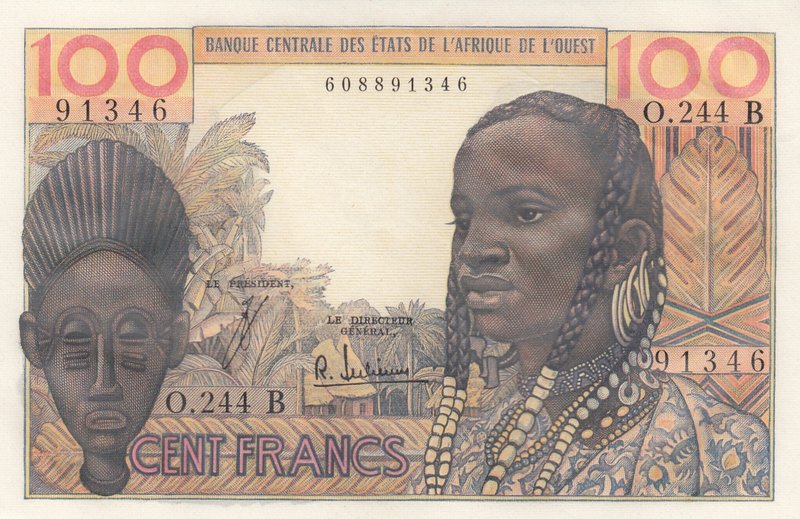 West African States, 100 Francs, 1965, UNC, p201Bf
serial number: 91346 O.244 B...