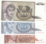Yugoslavİa, 100 Dinara (2), ve 10.000 Dinara, 1991/1992, UNC, p108/p112/p118, (Tota 3 banknotes)
serial numbers: AA 0666020, AE 4563383 and AA 941491...