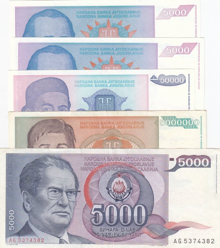 Yugoslavia, 5000 Dinara (3), 50.000 Dinara and 5.000.000 Dinara, 1985 / 1994, XF...