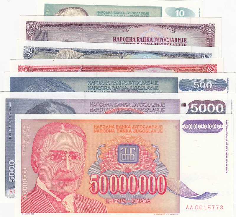 Yugoslavia, 7 Pieces UNC Banknotes
10 Dinara, 1994/ 20 Dinara, 1974/ 50 Dinara,...