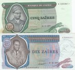 Zaire, 5 Zaires and 10 Zaires, 1977, AUNC, p21b/ p23b, (Total 2 Banknotes)
serial numbers: B1265367J and A3365549E, Portrait of President Mobutu
Est...