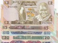Zambia, 2 Kwacha, 5 Kwacha, 10 Kwacha, 20 Kwacha and 50 Kwacha, 1980/1986, UNC, p24…p28, (Total 5 banknotes)
Estimate: $ 25-50