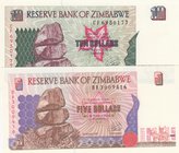 Zimbabve, 5 Dollars and 10 Dollars, 1997, UNC, p5b/ p6a, (Total 2 Banknotes)
serial numbers: BV3009416 and CF6950177, Figure of Chiremba Balancing Ro...