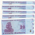 Zimbabwe, 20 Dollars, 2009, UNC, p95, ( Total 5 Consecutive Banknotes)
serial numbers: AA0264238, AA0264239, AA0264240, AA0264241 and AA0264242, Figu...
