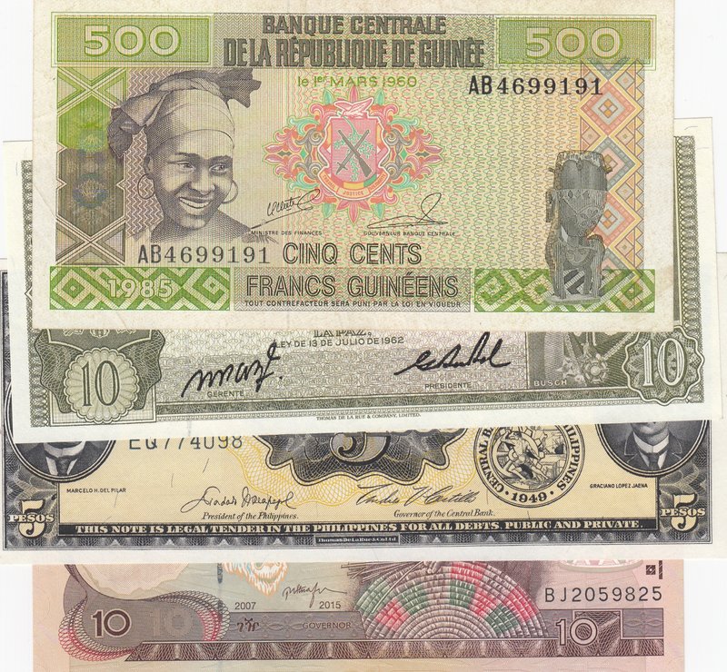 Mix Lot, 4 Pieces UNC Banknotes
Bolivia 10 Pesos/ Philippines 5 Pesos/ Guinee 5...