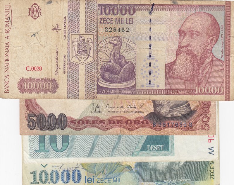 Mix Lot, 4 Pieces Banknotes
Romania 10000 Lei/ Romania 10000 Lei/ Peru 5000 Sol...