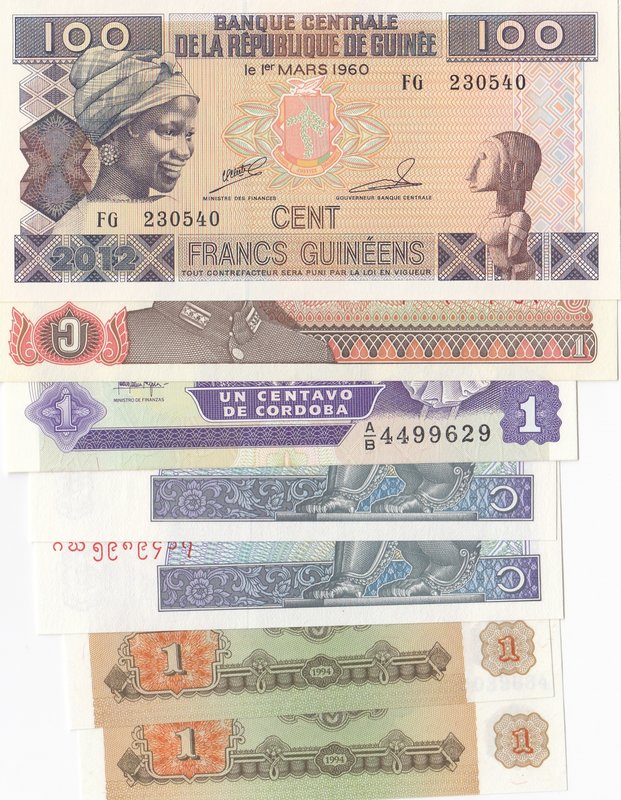 Mix Lot, 7 Pieces UNC Banknotes
Tajikistan 2 Dollars/ Guinee 100 Cents/ Nicarag...