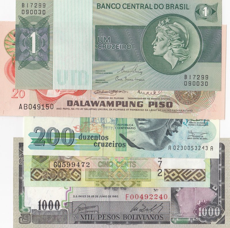 Mix Lot, 5 Pieces UNC Banknotes
Philippines, 20 Pisos, 2009/ Brasil, 1 Cruzeiro...