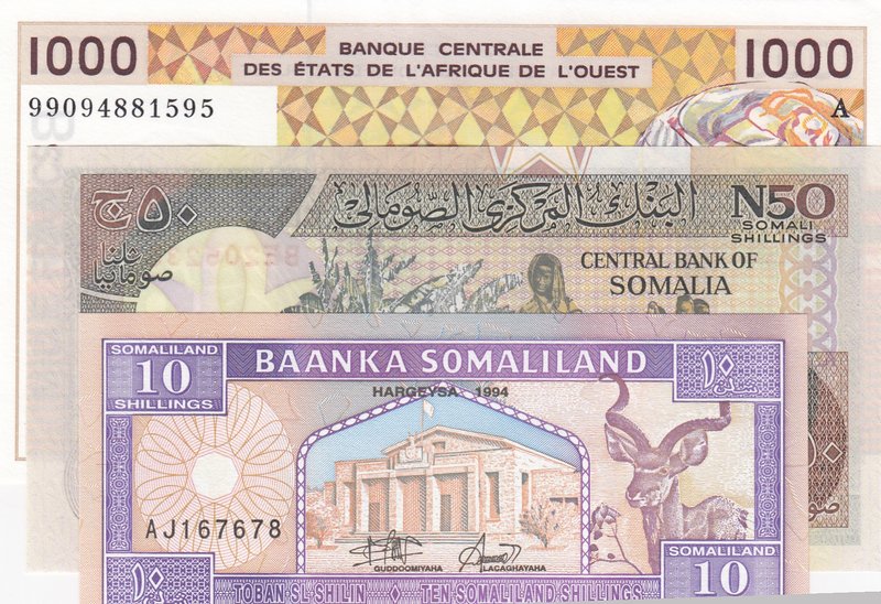 Mix Lot, 3 Pieces UNC Banknotes
Somaliland, 10 Shillins, 1994/ Somalia, N50 Shi...