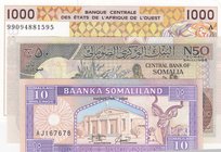 Mix Lot, 3 Pieces UNC Banknotes
Somaliland, 10 Shillins, 1994/ Somalia, N50 Shillings, 1990/ L'AFRIQUE DE L'OUEST, 1000 Francs, 1995
Estimate: $ 10-...
