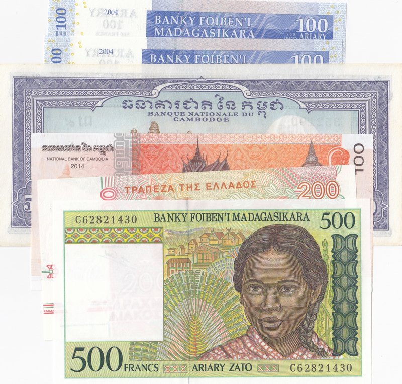 Mix Lot, 6 Pieces UNC Banknotes
Greece, 200 Drachmai, 1996/ Cambodia, 50 Riels,...