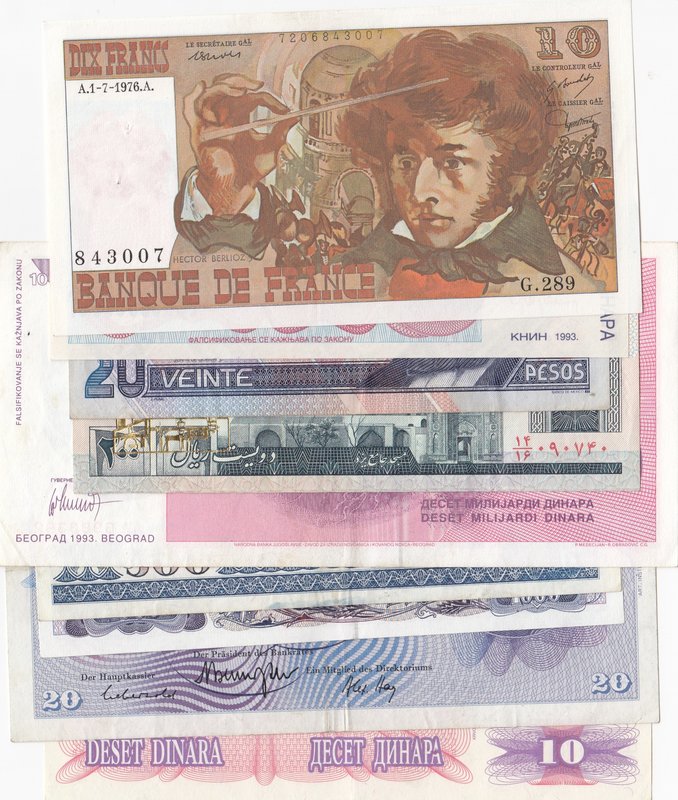 Mix Lot, 10 Pieces Mixing Condition Banknotes
Mexico, 20 Pesos, 1994/ Serbia, 1...
