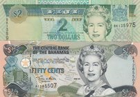 Bahamas 50 Cents and Fiji 2 Dollars, 2001/2002, UNC, p68/p104a, (Total 2 banknotes)
serial numbers: A1285507 and BK135975, Queen Elizabeth II banknot...